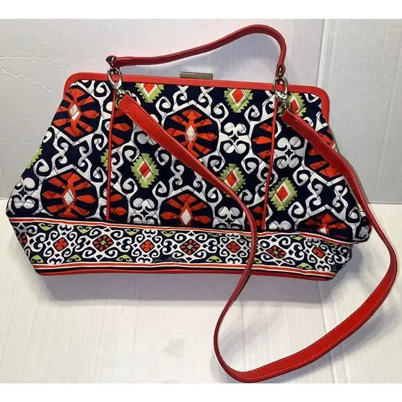 Vera Bradley Medium‎ Handbag Purse Black Orange Green White Pattern Snap Closure - Picture 4 of 8